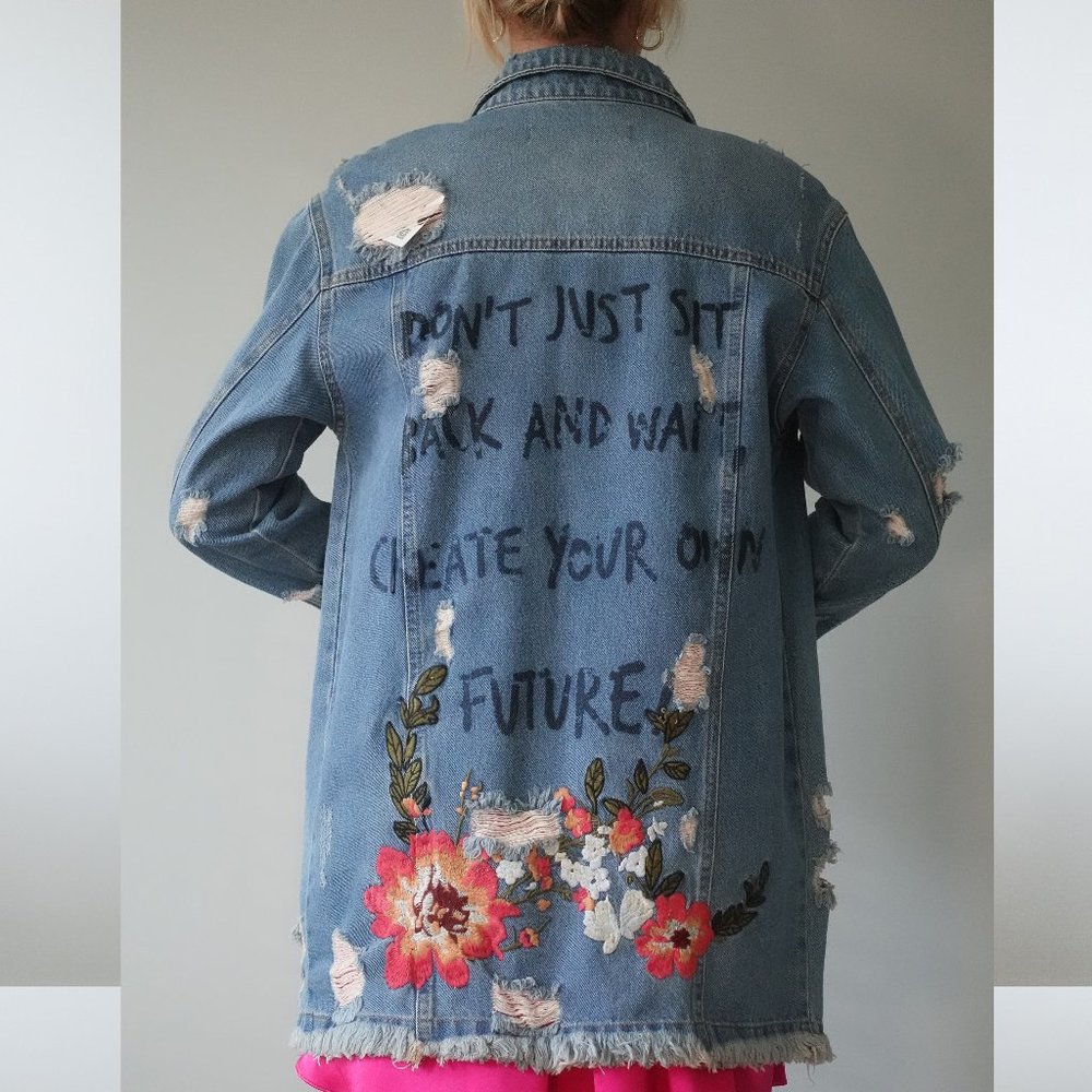 Dilvin Embroidered Denim Jacket with Back Slogan Size 4 / 36 / S